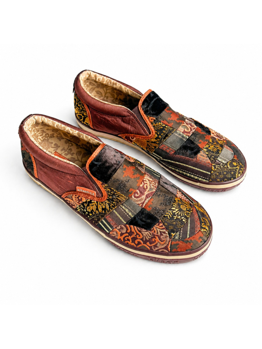 Vtg Y2K Kitson LA Brown Patchwork Brocade Textile Slip-On Sneakers Sz 9 Boho